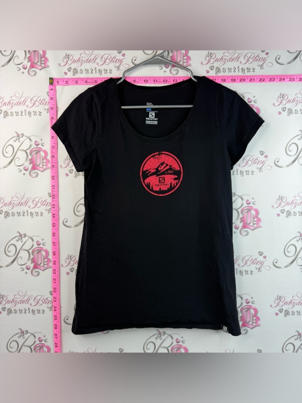 Salomon tshirt mountain Black Short-Sleeve Tee with Red Mountain Emblem Printed